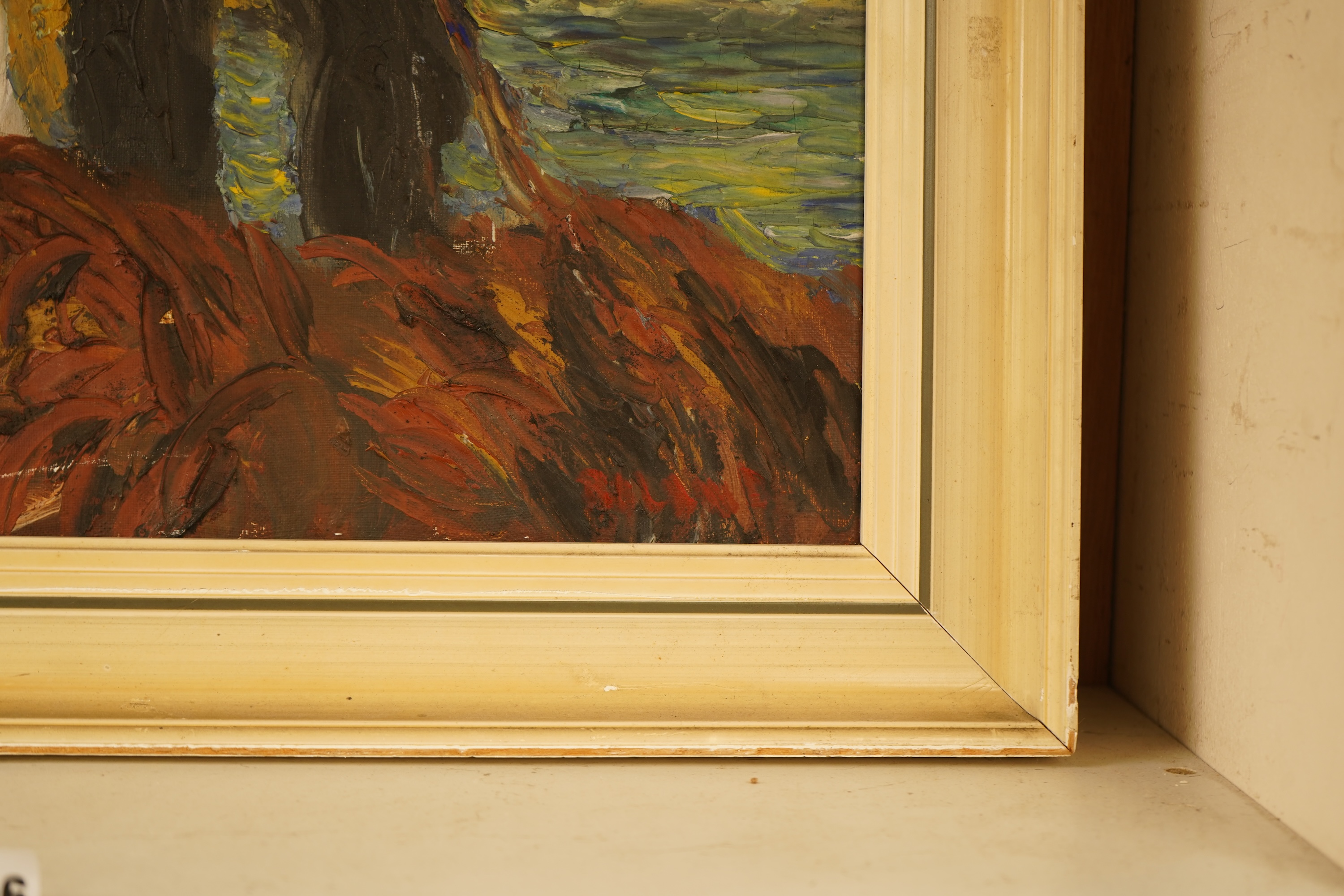 Roland, Two figures before a coastline, impasto oil on canvas, signed, 59 x 49cm